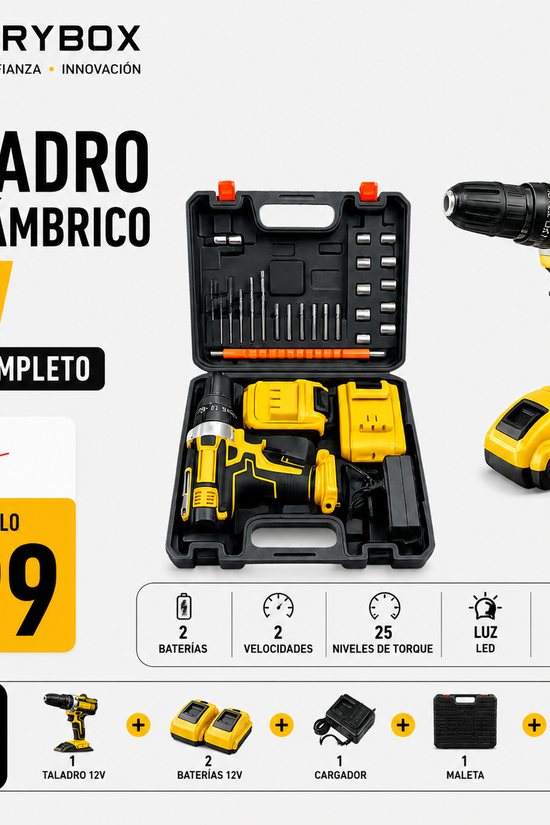 Taladro Inalámbrico 12V + Kit 26 Accesorios y Maleta