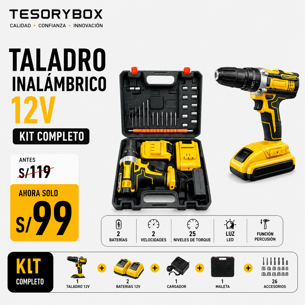 Taladro Inalámbrico 12V + Kit 26 Accesorios y Maleta