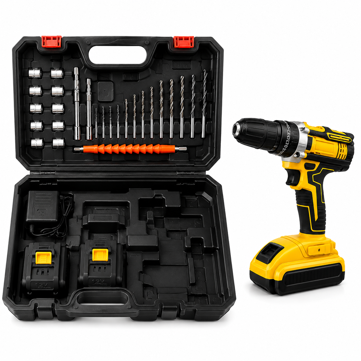 Taladro Inalámbrico 12V + Kit 26 Accesorios y Maleta