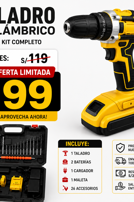 Taladro Inalámbrico 12V + Kit 26 Accesorios y Maleta
