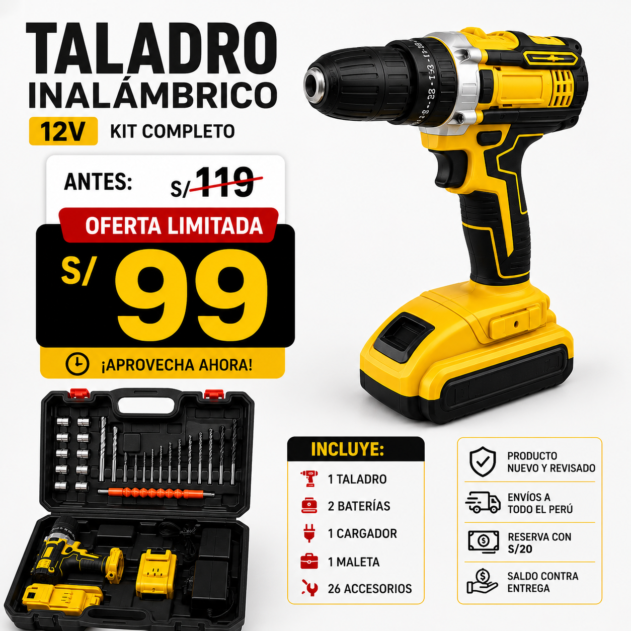 Taladro Inalámbrico 12V + Kit 26 Accesorios y Maleta