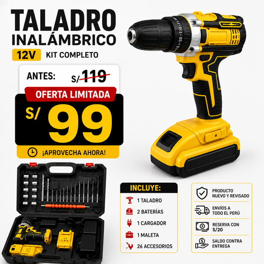 Taladro Inalámbrico 12V + Kit 26 Accesorios y Maleta